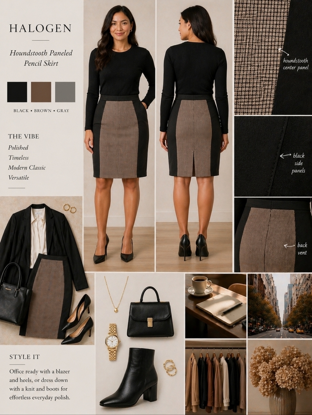 Sz 6 Halogen Houndstooth Paneled Pencil Skirt Black Brown Gray